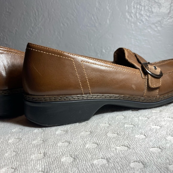 Clarks Womens Brown Leather Slip On Loafers With nylon Buckle Strap Shoes - Picture 16 of 16